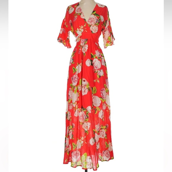 BCBGMaxAzria Flutter Sleeve In Bloom Floral Print Faux Wrap Maxi Dress Size XS - Picture 4 of 8